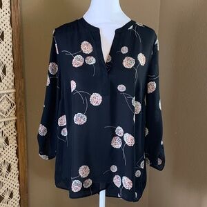 Daniel Rainn Floral Print Blouse Size M -‎ Black Boho Pom Pom Sleeve Midi Top